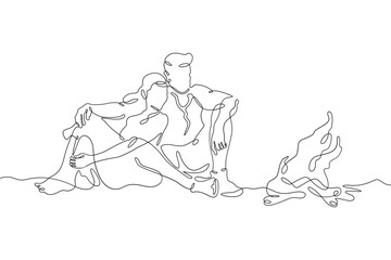 Continuous single line drawing a couple in love by the fire.Linear design. One continuous line isolated minimalist illustration. Not AI.