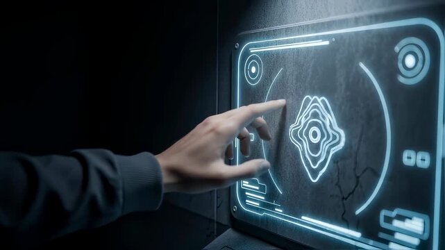 Man interacting with glowing alien technology user interface panel, futuristic dark design, advanced extraterrestrial device footage.