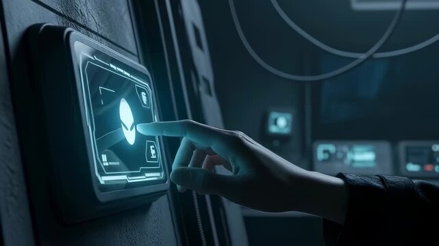 Woman touching futuristic alien technology interface. Extraterrestrial device activation. Sci-fi space exploration and cosmic discovery concept footage.