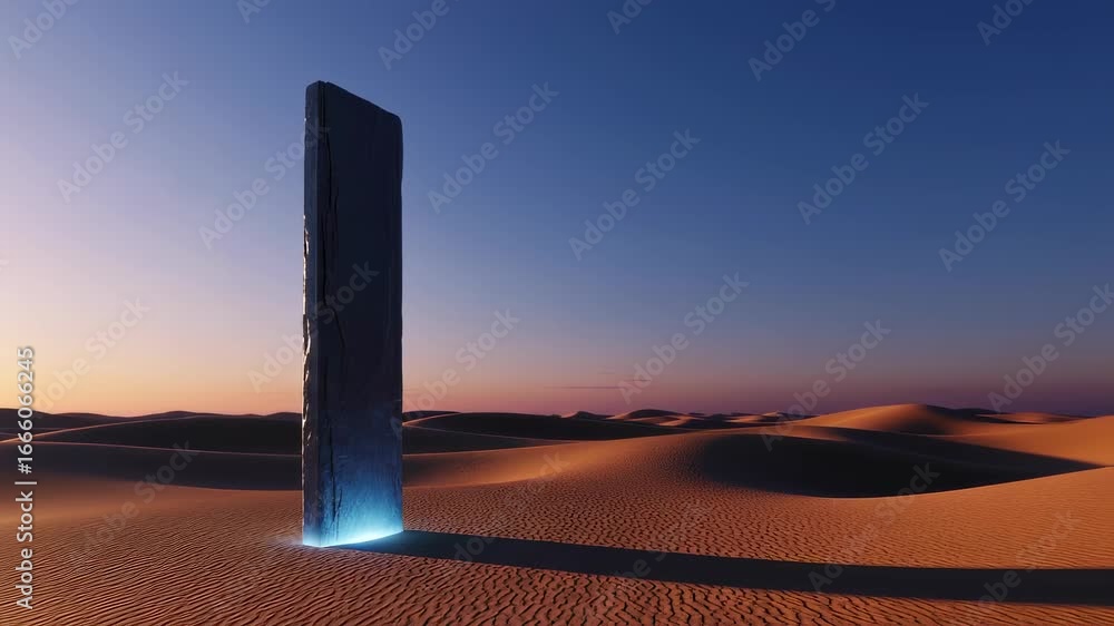 Aufkleber mysterious monolith with glowing base in desert landscape. alien technology and surreal scifi concep