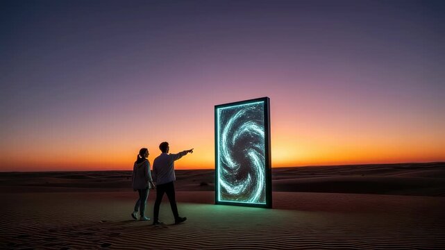 Man and woman pointing at glowing futuristic portal in desert, representing extraterrestrial technology and space exploration concept.