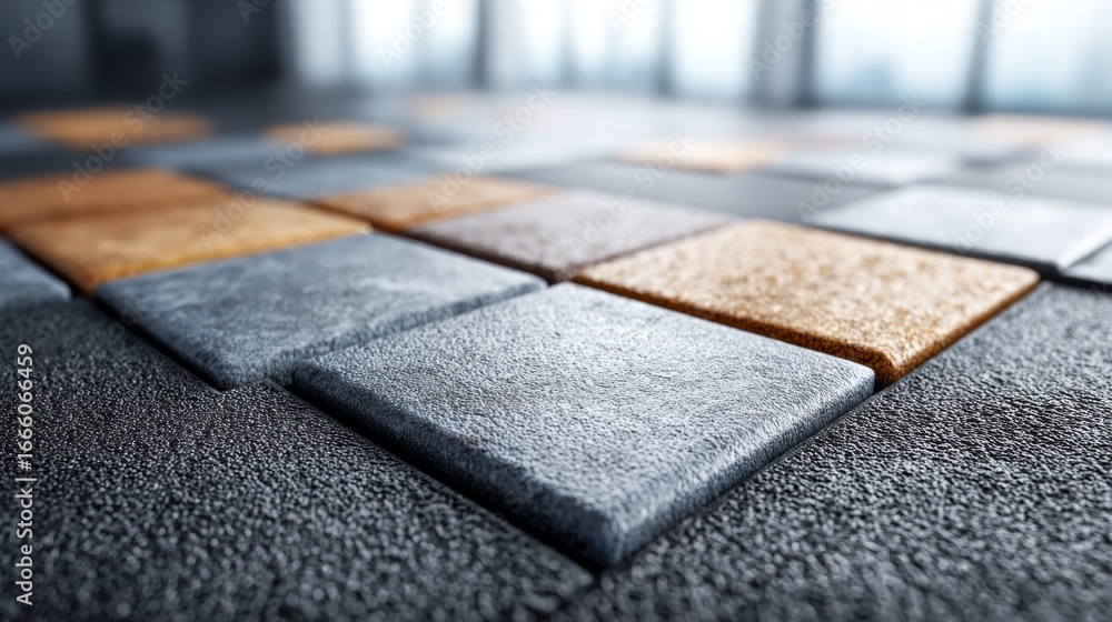 Poster A striking floor featuring square tiles in various colors and textures, creating an artistic pattern.