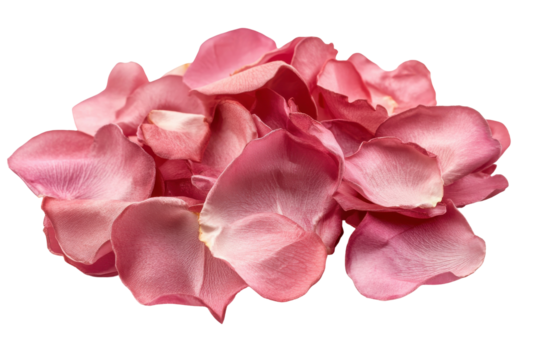 Pile of delicate pink rose petals isolated on transparent background. Pink rose petals isolated on white background.