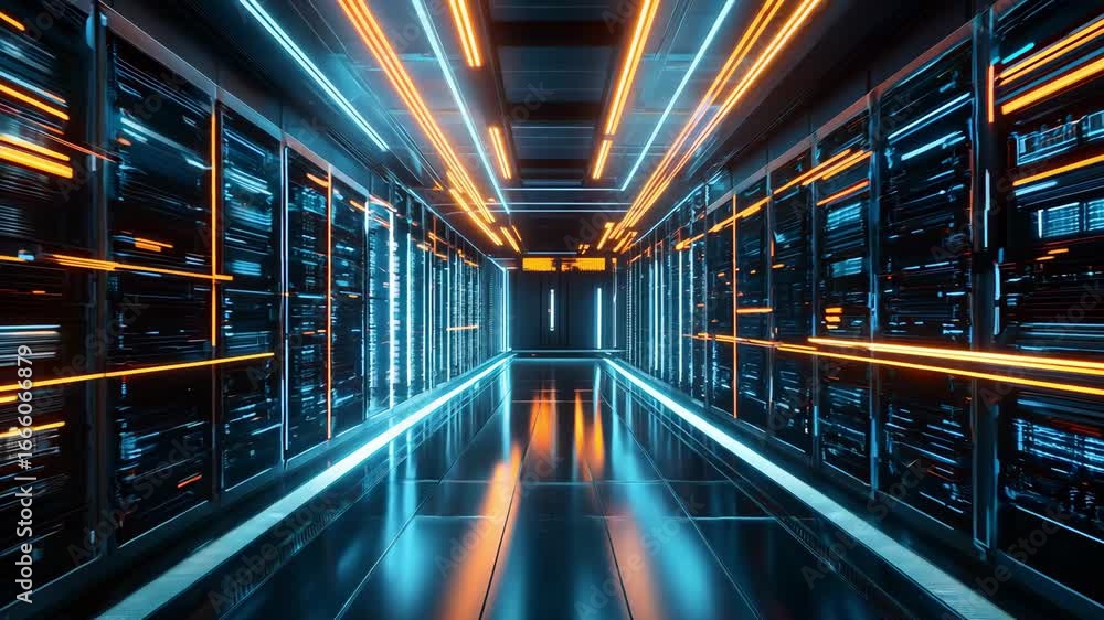 Poster a modern data center corridor with glowing server racks illuminated with vibrant lights and advanced