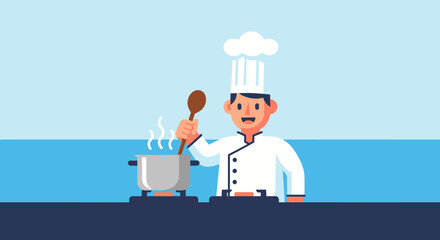 Cartoon Chef Stirring Pot with Wooden Spoon in Kitchen