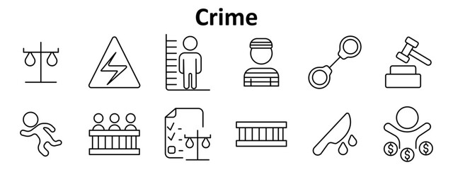 Crime set icon. Scale, gavel, inmate, handcuffs, knife, jury, court, law, danger, suspect, prison, dead body, document, money, measurement.