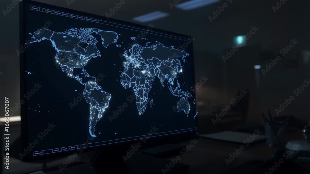 Poster world map tracking data analysis on computer screen in dark office