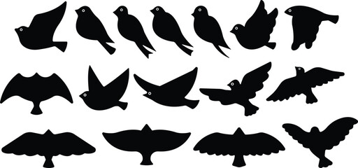 Art & IllustrationBird icon set.Set of black bird silhouettes. Vector elements for design.Minimalist Bird Illustration,Icon, and Clipart on White Background.Vectorial illustrations of various bird.