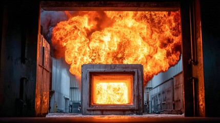 Obraz premium A fiery explosion erupts from a concrete structure, showcasing intense power and destruction.