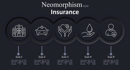 Insurance set icon. Hospital building, emergency vehicle, hands holding heart, palm with droplet, person with shield outline in white on dark neumorphic circular background.