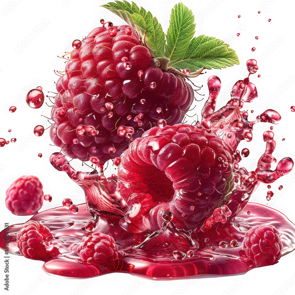Poster a vibrant raspberry with a splash of juice, isolated on transparent background, creating a refreshin