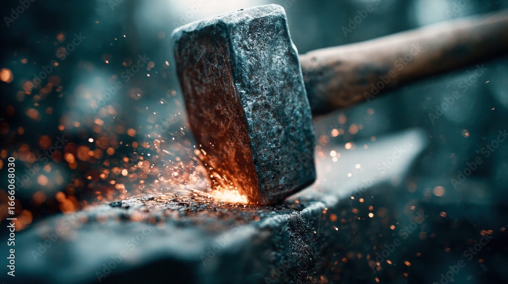 Poster a blacksmith hammers metal, creating sparks in a workshop setting.