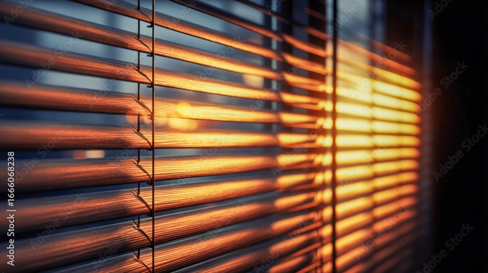 Poster warm sunlight filters through wooden blinds, creating a beautiful play of light and shadow in an int