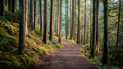 Fototapeta premium A path through a Pacific Northwest forest with tall trees. Illustration of a wild forest background.