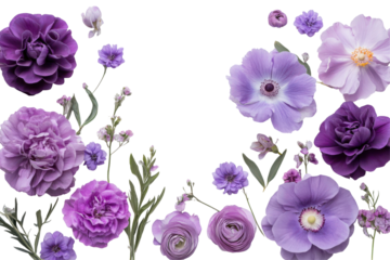 Beautiful purple and lilac flowers arranged on a black background isolated on transparent background. Purple flower isolated on white background.