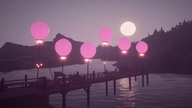 Serene evening at the lake with illuminated pink lanterns on a wooden pier
