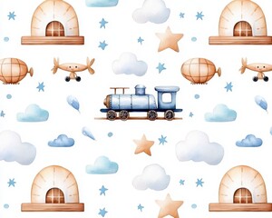 Baby boys world. Cartoon airplane and waggon locomotive watercolor illustration. Child birthday set of plane and air vehicle transport elements. isolated baby shower card. Adorable infant