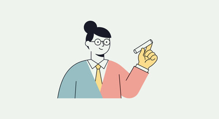 Cartoon Woman with Chalk, Glasses, Bun Hairstyle, and Two-Tone Outfit
