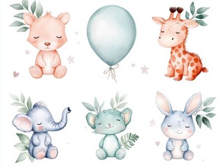 Obraz premium Cute baby air balloon birthday party nursery watercolor fox elephant bunny crocodile giraffe bear rabbit animal isolated illustration for children baby shower. Tropical jungle nursery