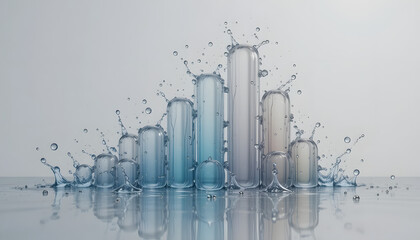Dynamic water splash art featuring futuristic transparent capsules in gradient blues and whites histogram.