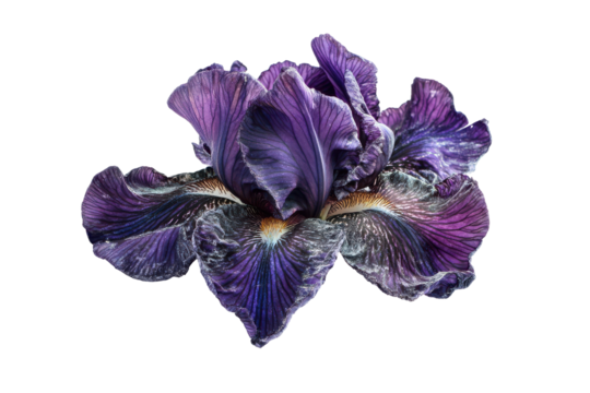 Close up of a vibrant purple iris flower isolated on transparent background. Purple iris flower isolated on white background.
