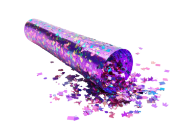 Sparkling purple glitter spilling from a capsule isolated on transparent background. Purple party popper with confetti isolated on white background.