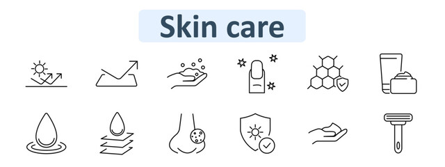 Naklejka premium Skin care set icon. UV protection, foam wash, fingernail, honeycomb, cream tube, water drop, layers, pore, shield, checkmark, razor in clean outline design