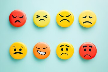 Fototapeta premium Positive thinking in mental health with various emotions represented by expressive faces, Emotion of mind, positive, angry, sad, happy, feelings, psychology, brain, Illustration of different emotions