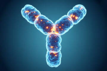 high quality 3d rendering of a human antibody immunoglobulin with glowing interaction sites showing antigen binding regions fab and fc domains for immunology research biotech medicine and education