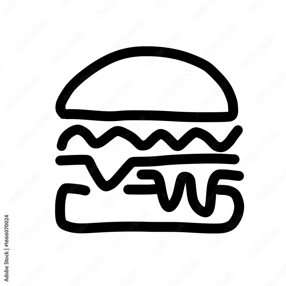 Poster simple black outline drawing of a burger with wavy lines and a thick bottom bun on a white backgroun
