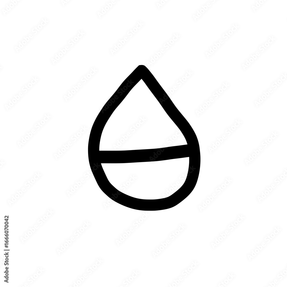 Poster stylized water drop with horizontal line bisecting the lower portion in black outline on white backg