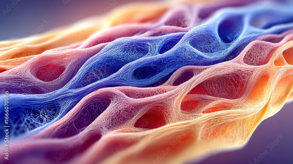 Poster a vibrant abstract artwork showcasing colorful cellular structures and textures.