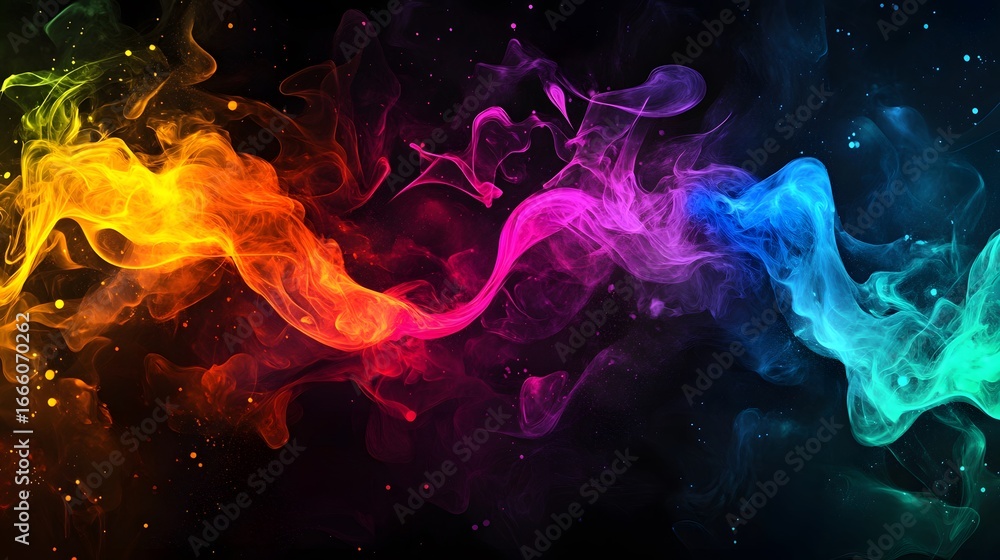 Poster vibrant, flowing rainbow hues swirl in a dynamic abstract design against a dark background, showcasi