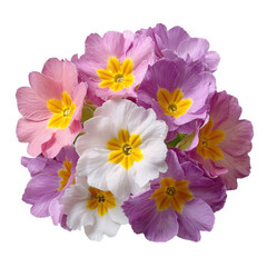 A cluster of delicate pink and white primrose flowers with yellow centers isolated on transparent background