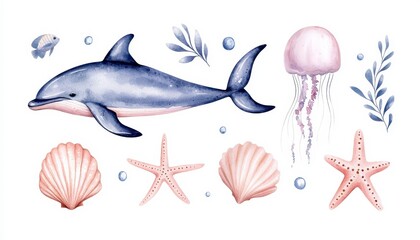 Fototapeta premium frame of sea animals. Blue watercolor ocean fish wreath turtle whale and coral. aquarium mermaid submarine. Nautical dolphin marine illustration jellyfish starfish. Aquatic fauna