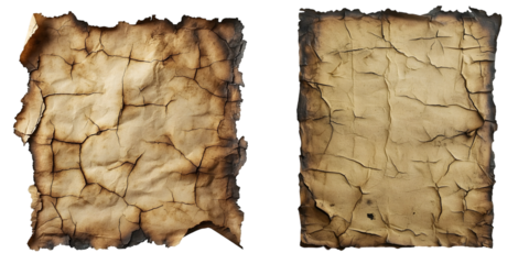 Aged burnt paper with scorched edges showing signs of wear and tear. isolated on a transparent background