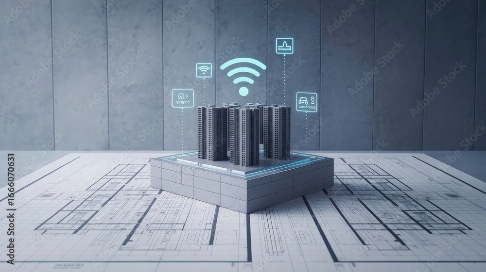 Poster digital network in concrete world: a conceptual image showcases the digital world's architecture thr