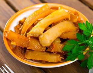 Spicy, sliced cured fish on a plate