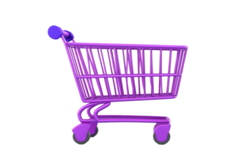 Colorful miniature shopping cart isolated on transparent background. Purple with blue shopping cart isolated on white background, 3d rendering.