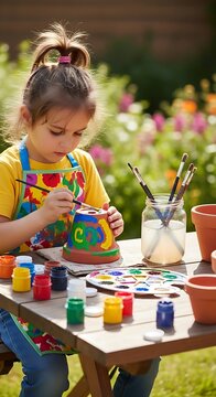 Child painting terracotta pot outdoors
