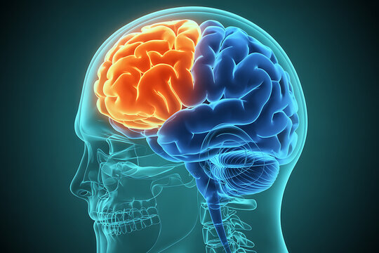 high resolution 3d medical rendering of the human brain highlighting the frontal lobe and cognitive control areas for neurology anatomy neuroscience learning and healthcare education
