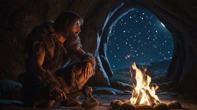 Lone caveman crouches beside small night fire as warm glow contrasts cold darkness