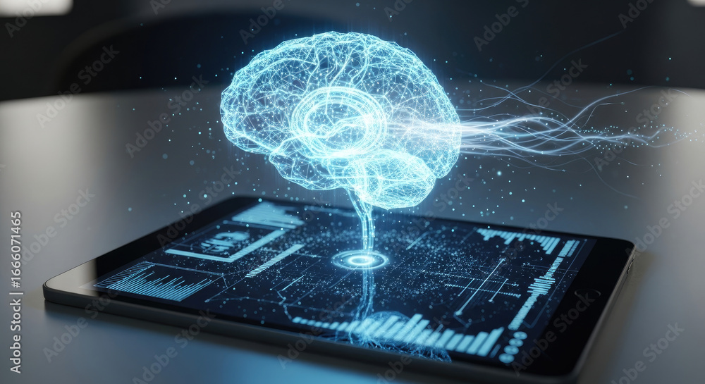Poster glowing brain hologram above a tablet displaying data visualizations on a gray surface