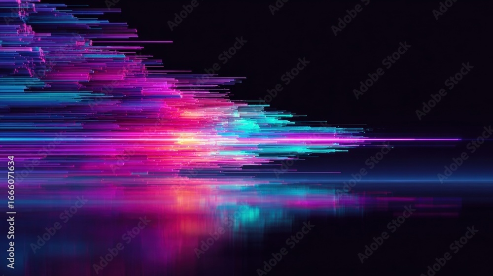 Poster this artwork is an abstract display of colorful light streaks with a mirrored effect against a dark 