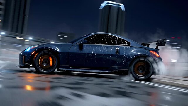A Japanese sports car racing through a city street rally, embodying JDM culture with dynamic motion blur.