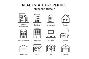 Real estate Properties line editable icon set. Containing, Urban architecture, building, skyscraper, and more. Editable stroke. Vector illustration on white background
