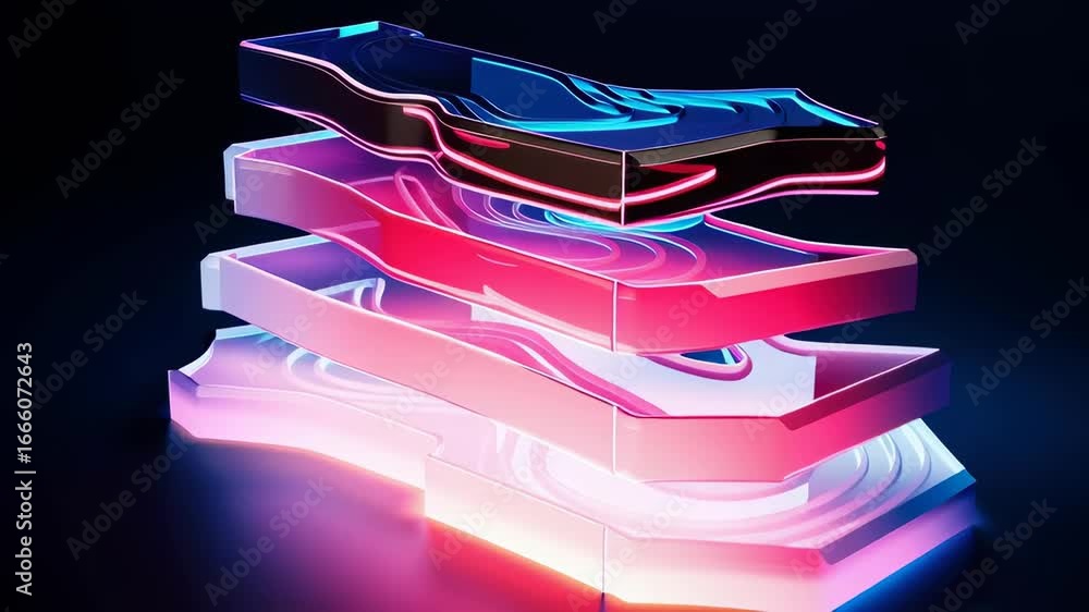 Aufkleber vibrant abstract design showcasing layered shapes with glowing edges in modern pink and blue hues, c