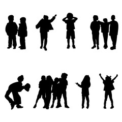 Collection of 8 silhouette group of children in activity poses. Children play on playground, do sports, walk with friends. All set is drawn in black vector great for logo or other design.