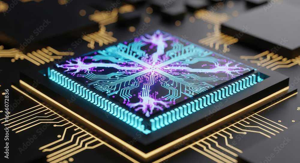 Poster close up of a microchip with intricate blue and purple design on a dark surface view