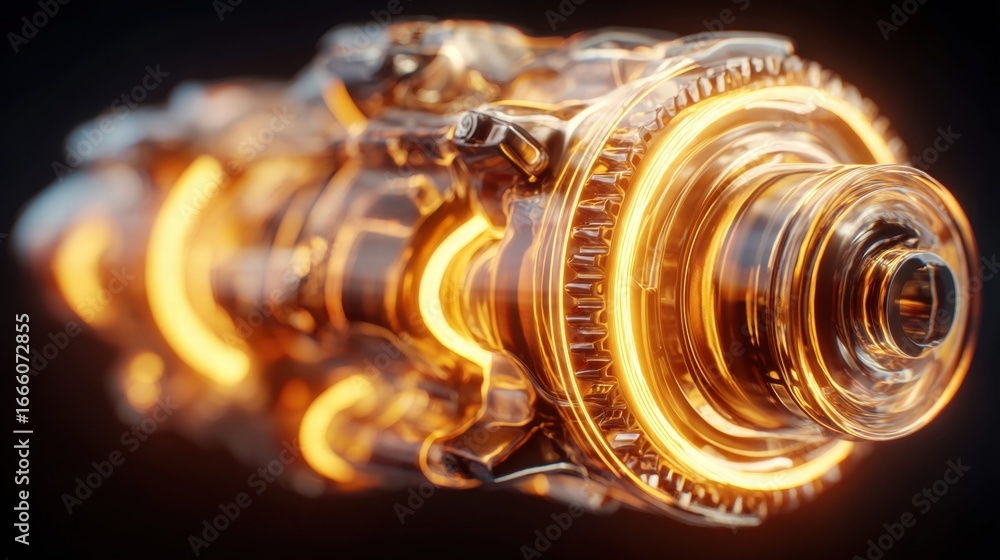 Poster intricate golden engine component illuminated with glowing lines against a dark backdrop.